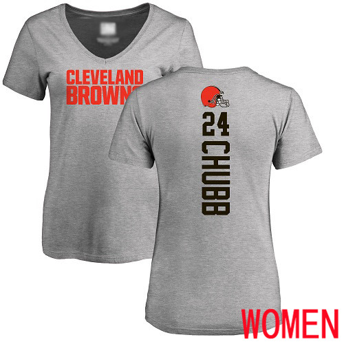 Cleveland Browns Nick Chubb Women Ash Jersey #24 NFL Football Backer V-Neck T Shirt->cleveland browns->NFL Jersey